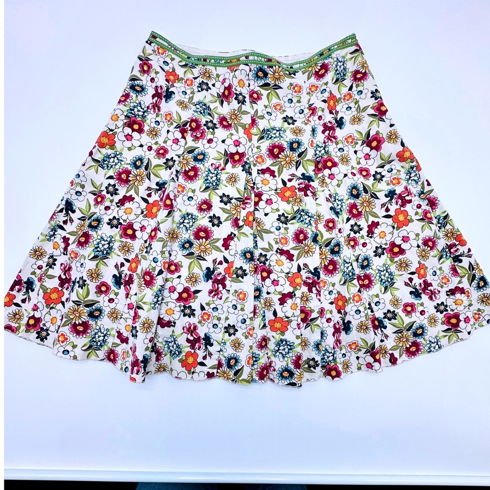 Lapis Floral Linen Cotton Pleated A-Line Skirt Multicolor Womens Medium Country
